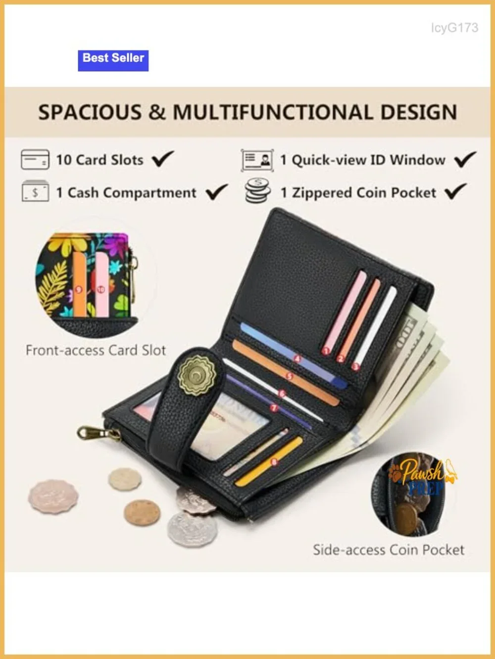 RFID Blocking Bifold Wallet Faux Leather 10 Card Slots Zippered Coin Pocket